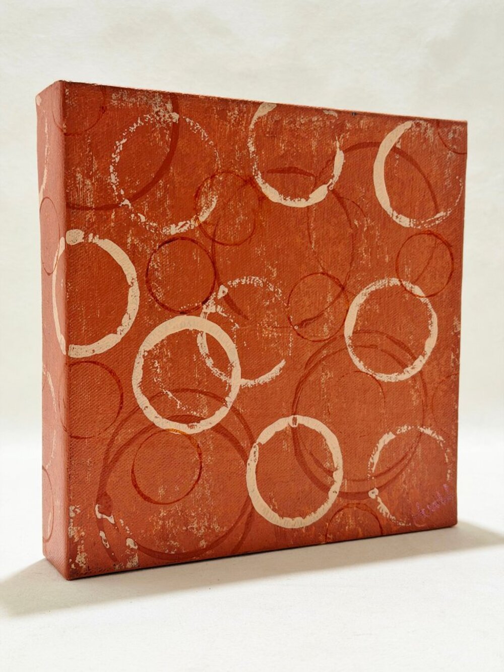Burnt Orange Painting Abstract Circles Canvas Wall Art Original Signed Teri H 8"